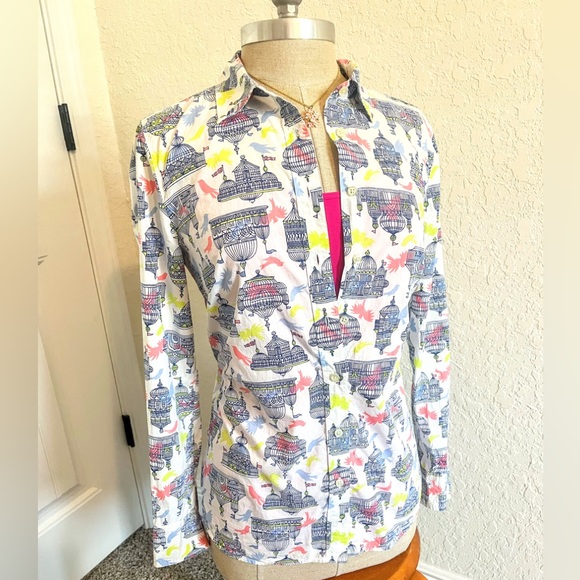 Talbots Bird Cage Print Button Down Cotton Blouse Size S - Picture 4 of 9